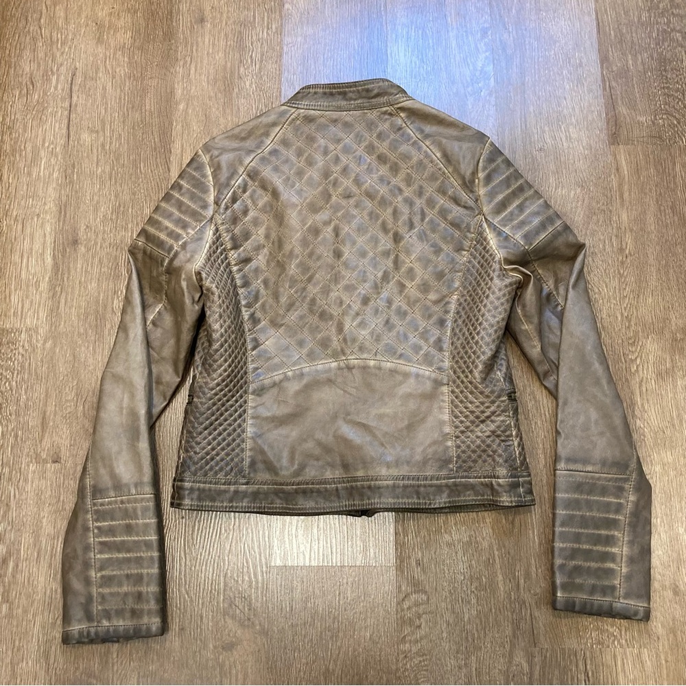 Jou Jou Women's Brown Quilted Faux Leather Moto Jacket Grunge Distressed Large - Picture 6 of 16